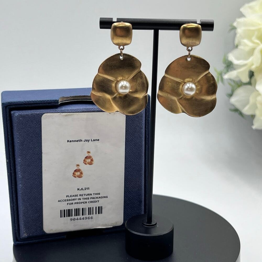 Kenneth Lane Gold Plated Sculpted Floral Pearl Center Dangle Earrings